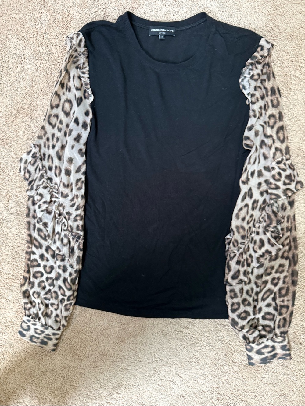 Generation Love Black Top with Leopard-Print Ruffle Sleeves